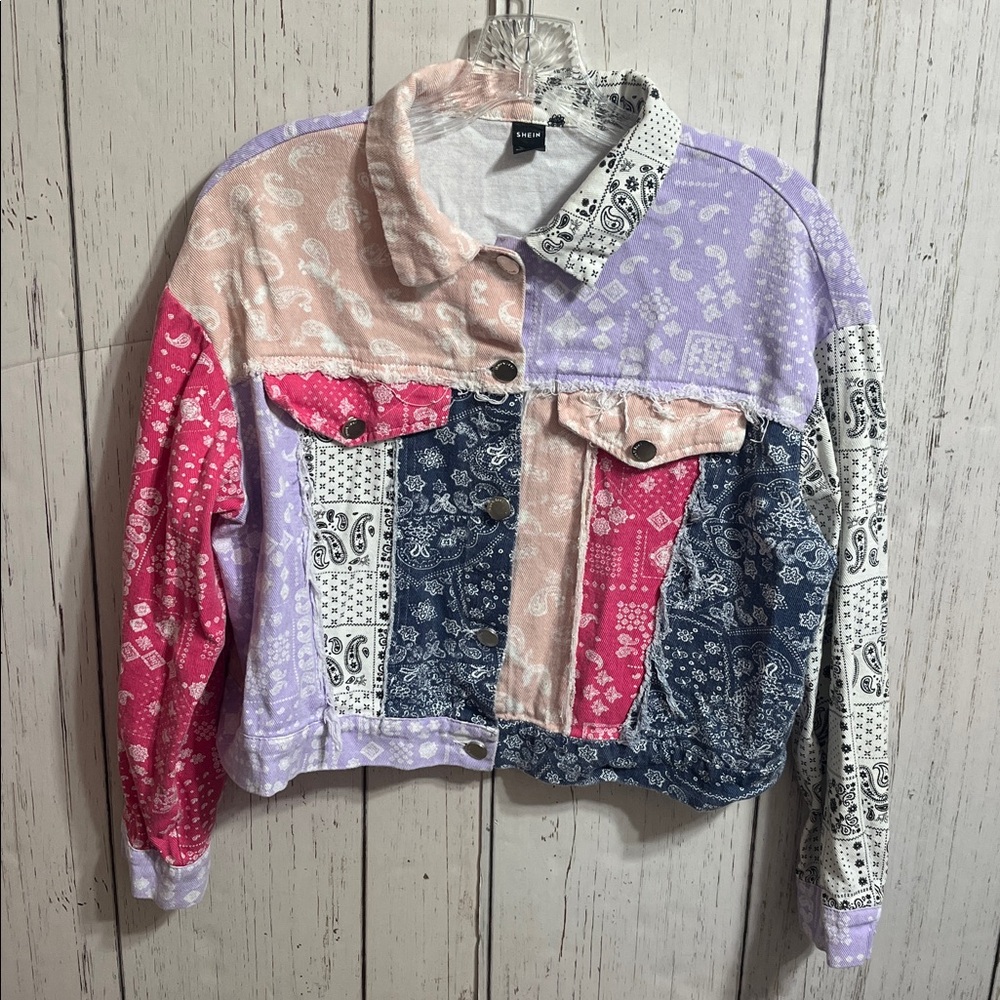 SHEIN Patchwork Crop Lightweight Denim Jacket Black White Label Detail Medium